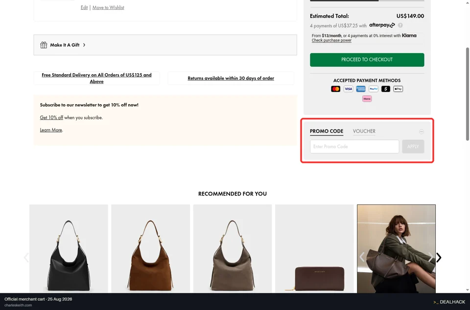 Charles & Keith checkout page showing the Enter Promo Code field and APPLY button