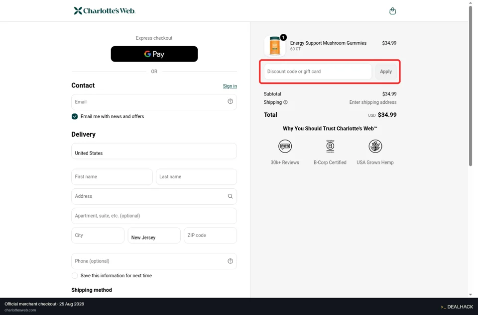 Charlotte's Web checkout page showing the Discount code or gift card field and Apply button