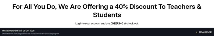Screenshot of Charlotte's Web's website on Oct 20, 2026 showing the "Get 40% Off for Teachers, Students, Military, Nurses & First Responders" offer