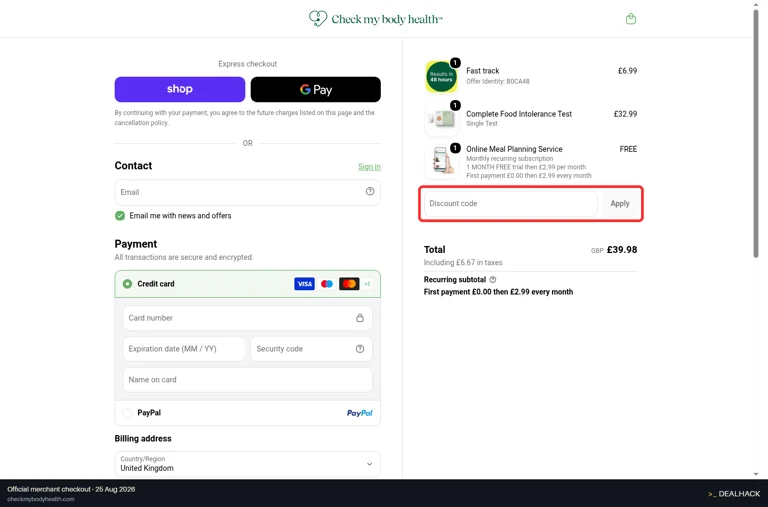Check My Body Health checkout page showing the Discount code field and Apply button
