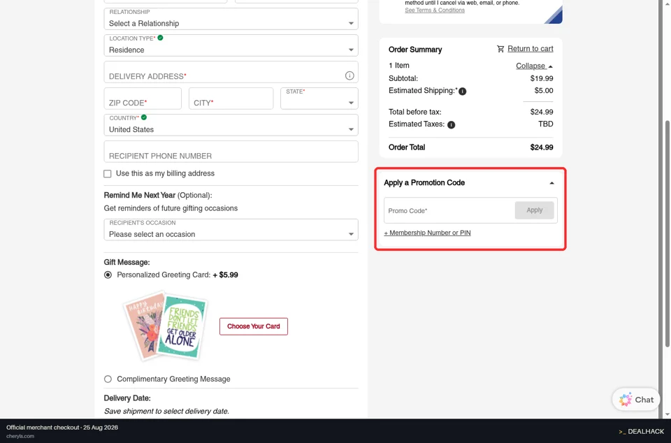Cheryl's checkout page showing the Promo Code* field and Apply button