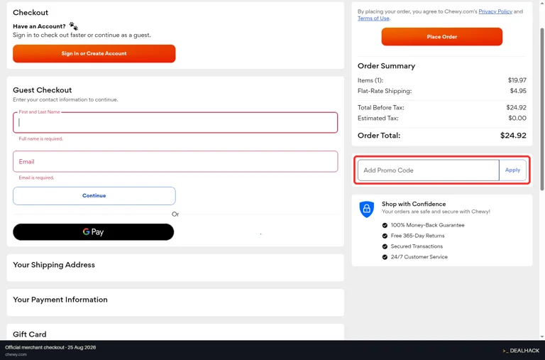 Chewy checkout page showing the Add Promo Code field and Apply button