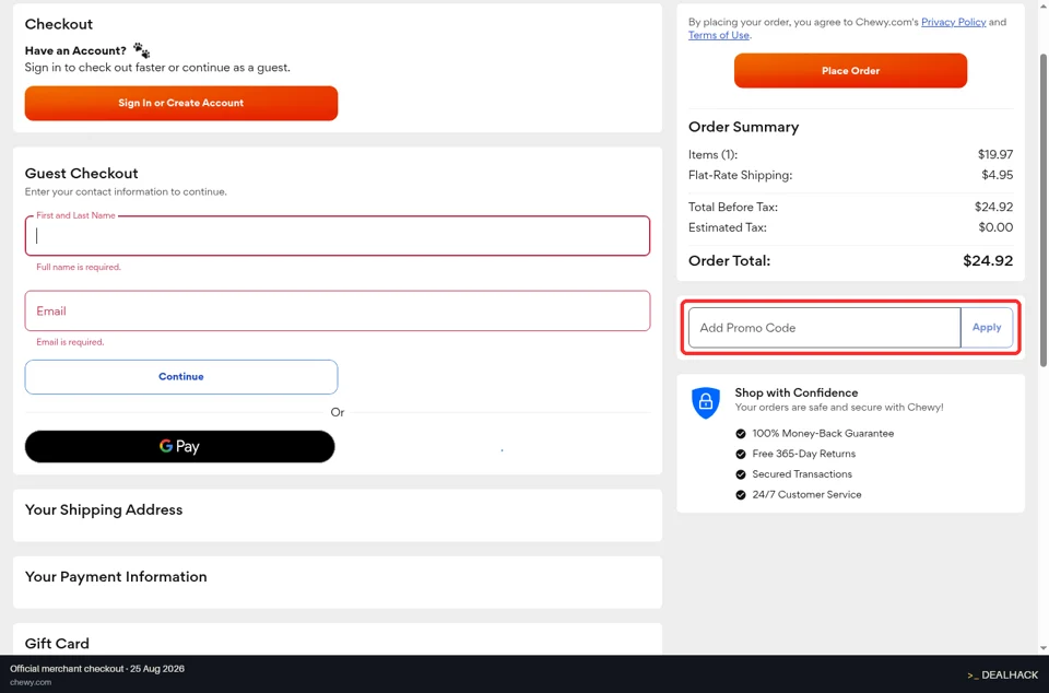 Chewy checkout page showing the Add Promo Code field and Apply button