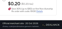 Screenshot of Chewy's website on Oct 20, 2026 showing the "Save 30% on First Non-Autoship Rx Order" offer