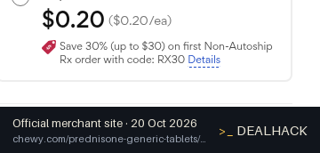 Screenshot of Chewy's website on Oct 20, 2026 showing the "Save 30% on First Non-Autoship Rx Order" offer