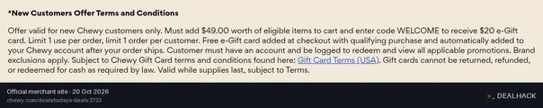 Screenshot of Chewy's website on Oct 20, 2026 showing the "Get a $25 eGift Card on Your First $49+ Order" offer