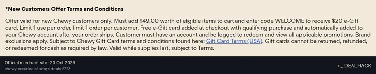 Screenshot of Chewy's website on Oct 20, 2026 showing the "Get a $25 eGift Card on Your First $49+ Order" offer