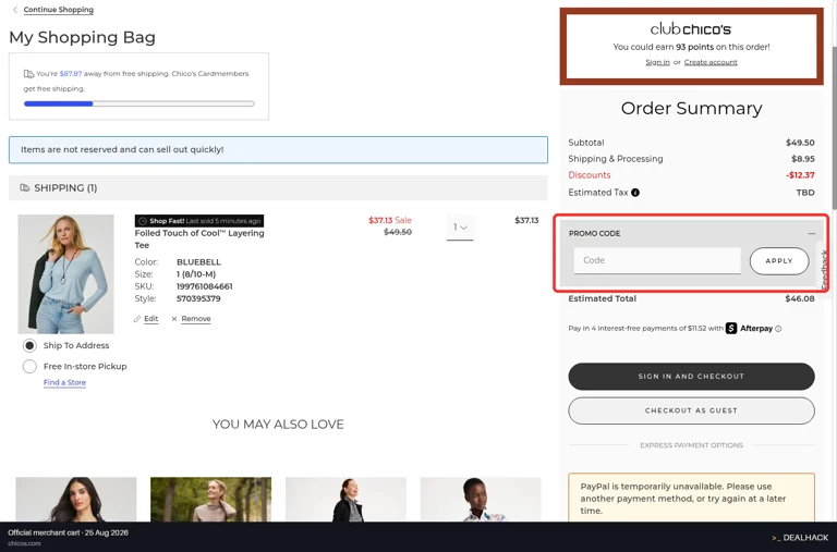 Chico's checkout page showing the Code field and Apply button
