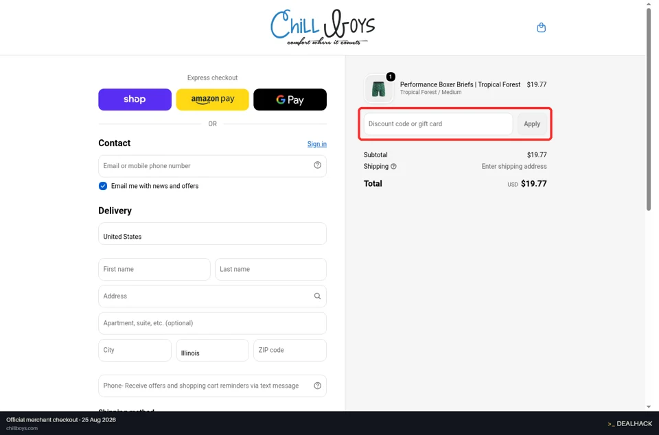 Chill Boys checkout page showing the Discount code or gift card field and Apply button