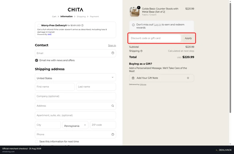 CHITA checkout page showing the Discount code or gift card field and Apply button