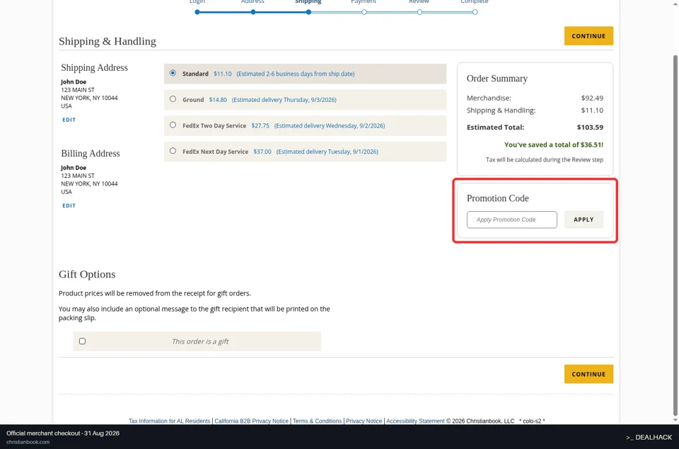 Christianbook checkout page showing the Apply Promotion Code field and APPLY button