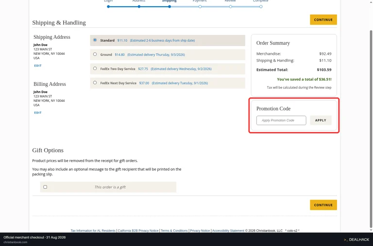 Christianbook checkout page showing the Apply Promotion Code field and APPLY button