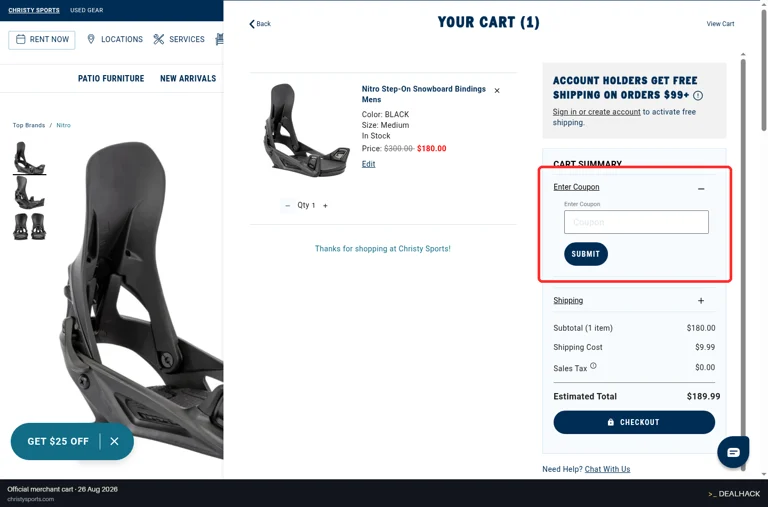 Christy Sports checkout page showing the Coupon field and Submit button