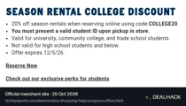 Screenshot of Christy Sports's website on Oct 25, 2026 showing the "Save 20% on Student Season Rentals" offer