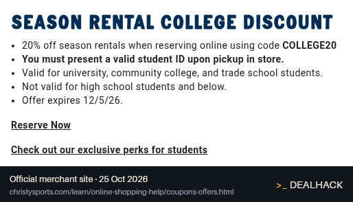 Screenshot of Christy Sports's website on Oct 25, 2026 showing the "Save 20% on Student Season Rentals" offer