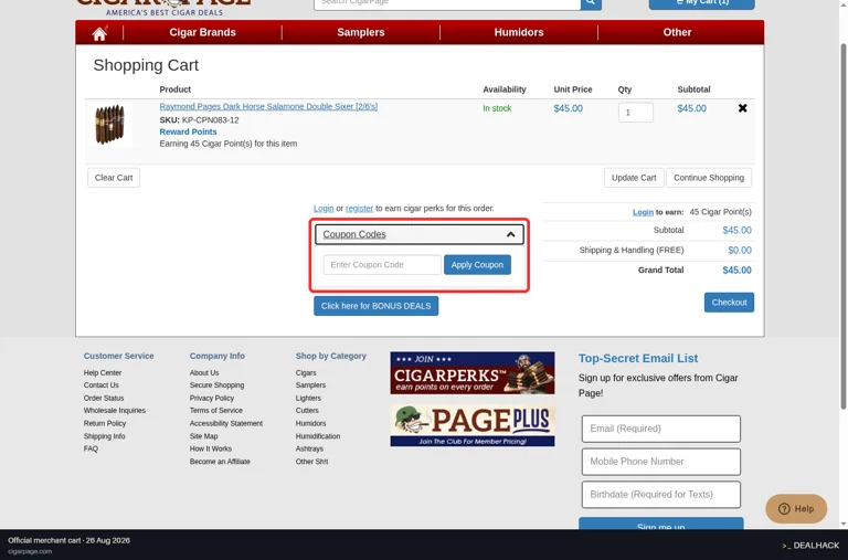 Cigar Page checkout page showing the Enter Coupon Code field and Apply Coupon button