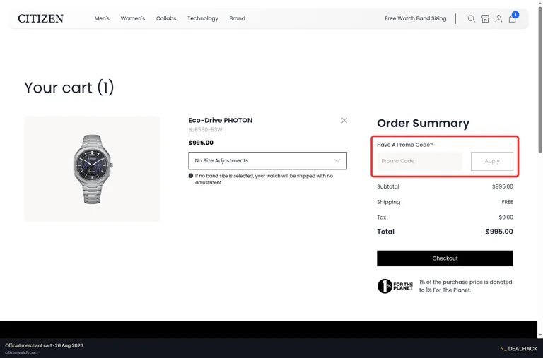 Citizen checkout page showing the Promo Code field and Apply button