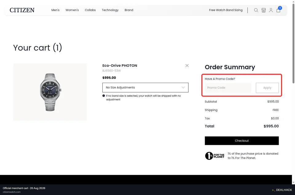 Citizen checkout page showing the Promo Code field and Apply button
