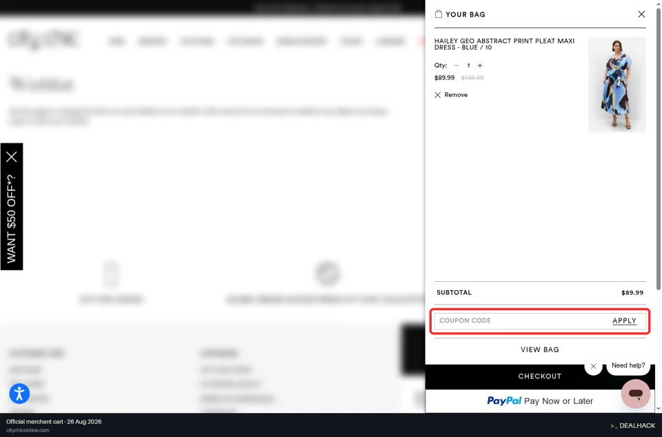 City Chic checkout page showing the coupon code field and Apply button