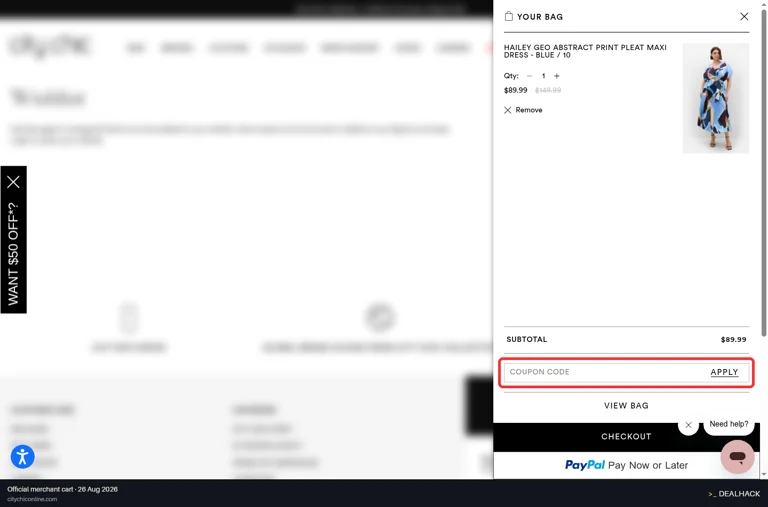 City Chic checkout page showing the coupon code field and Apply button