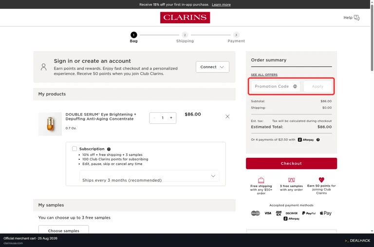 Clarins checkout page showing the Promotion Code field and Apply button