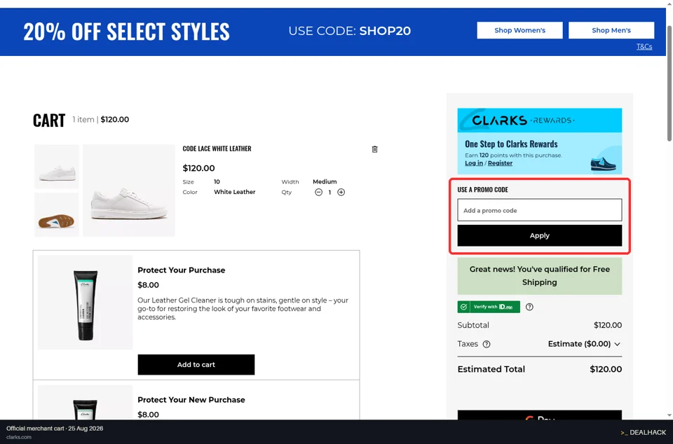 Clarks checkout page showing the Add a promo code field and Apply button
