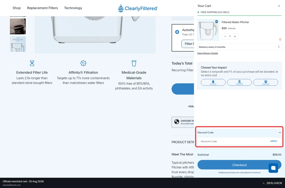 Clearly Filtered checkout page showing the Discount Code field and Apply button