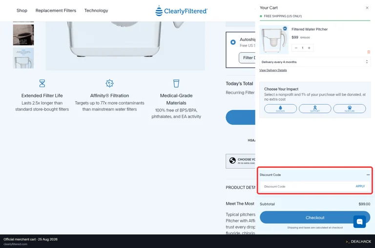 Clearly Filtered checkout page showing the Discount Code field and Apply button