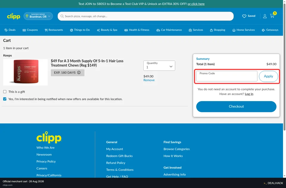 Clipp checkout page showing the Promo Code field and Apply button