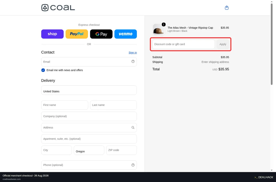 Coal Headwear checkout page showing the Discount code or gift card field and Apply button