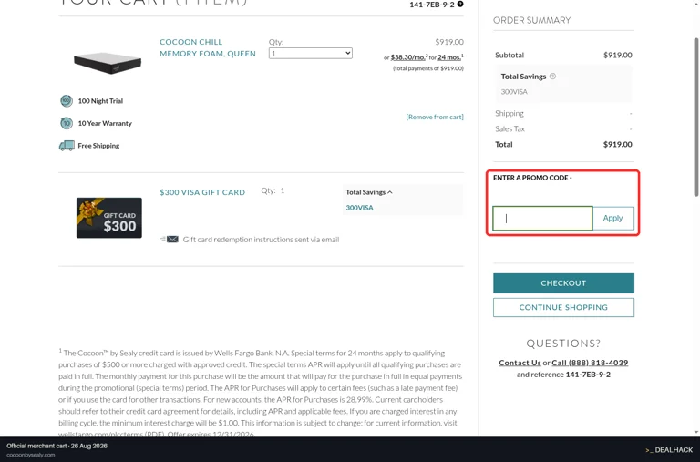 Cocoon by Sealy checkout page showing the Enter a Promo Code field and Apply button