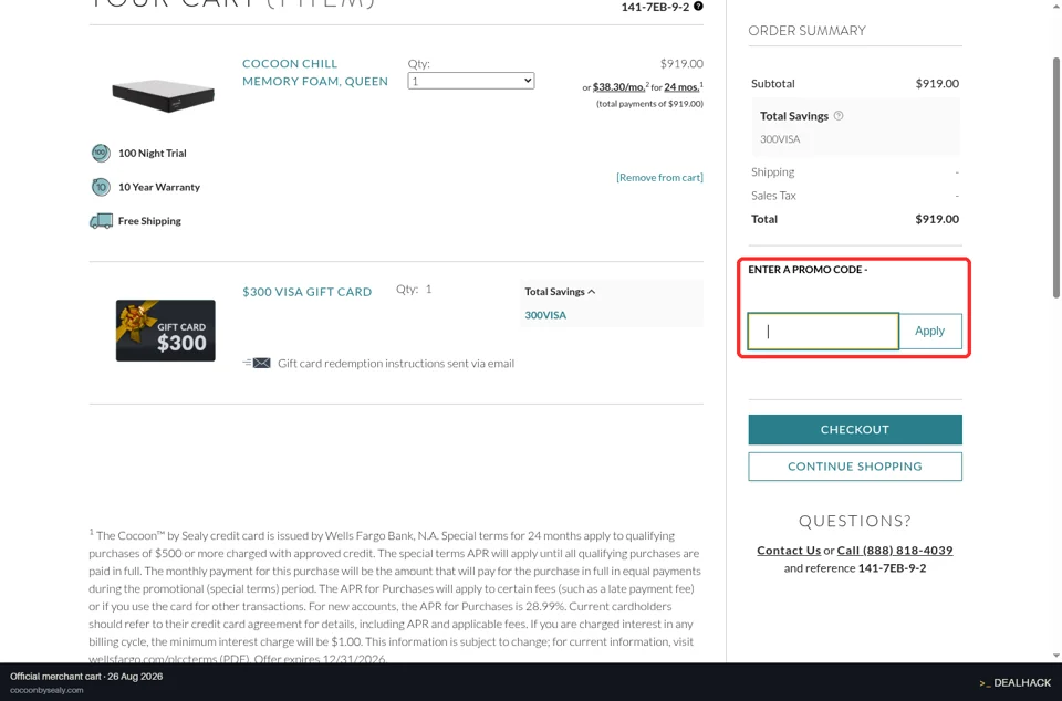 Cocoon by Sealy checkout page showing the Enter a Promo Code field and Apply button