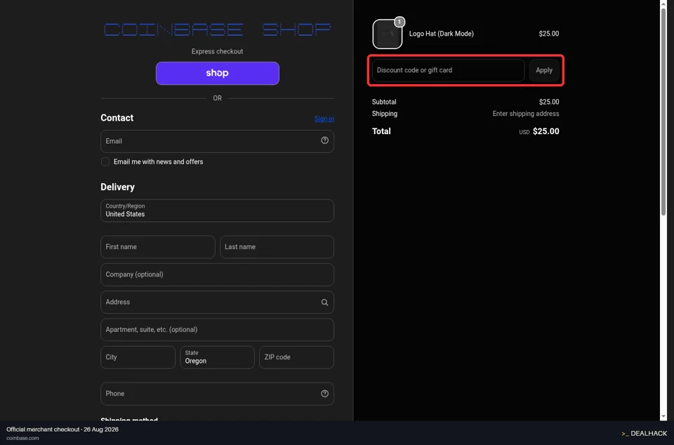 Coinbase checkout page showing the Discount code or gift card field and Apply button