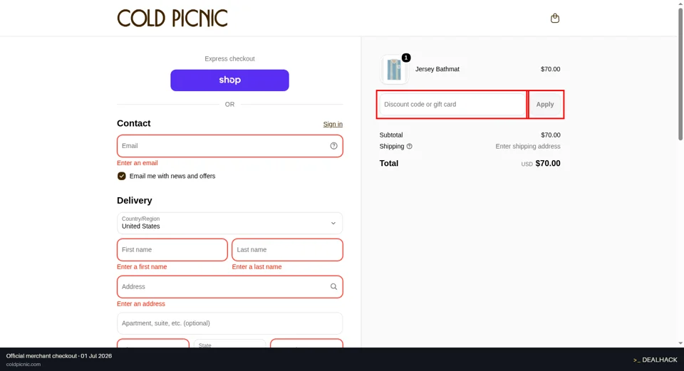 Cold Picnic checkout page showing the Discount code or gift card field and Apply button