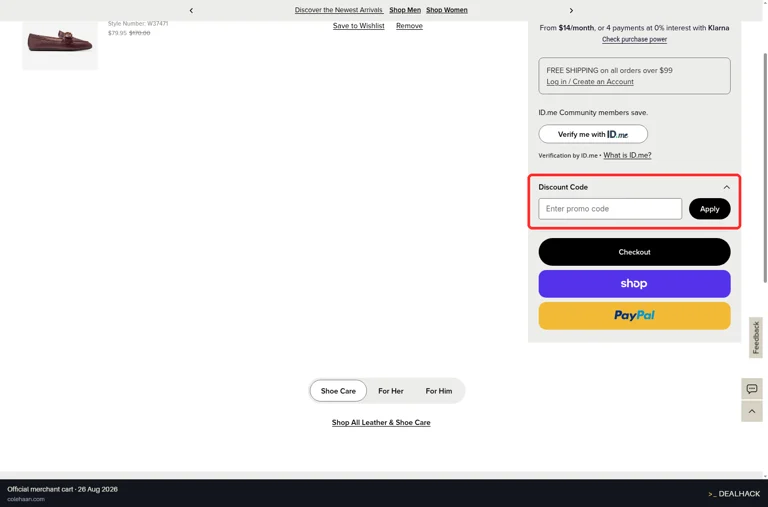 Cole Haan checkout page showing the Enter promo code field and Apply button