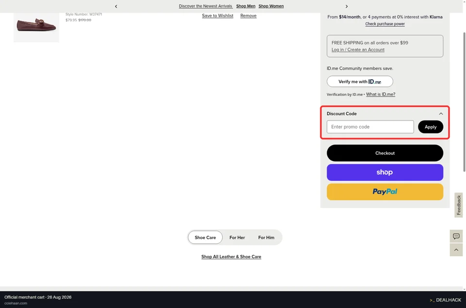 Cole Haan checkout page showing the Enter promo code field and Apply button