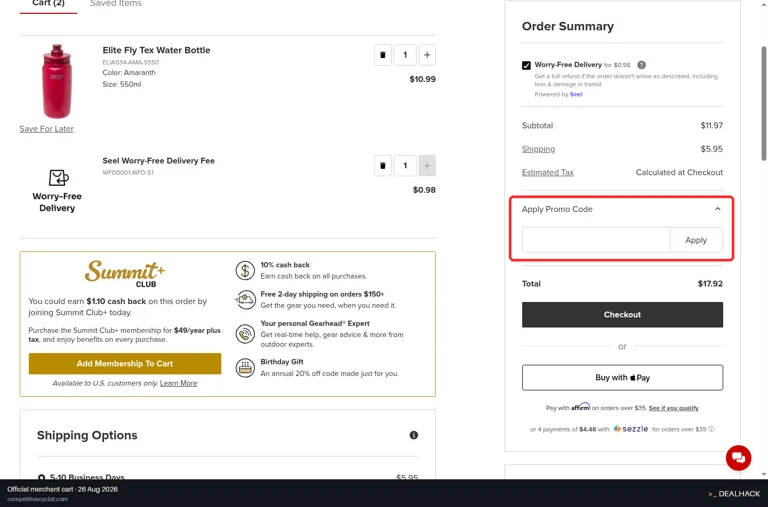 Competitive Cyclist checkout page showing the Apply Promo Code field and Apply button