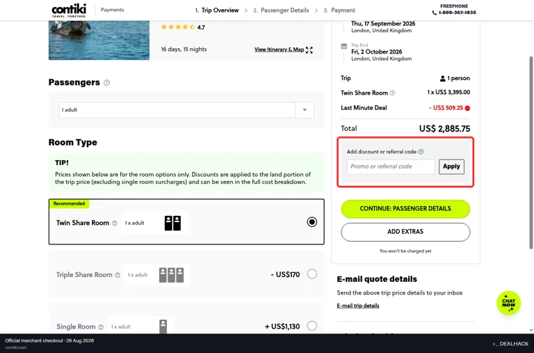 Contiki checkout page showing the Promo or referral code field and Apply button