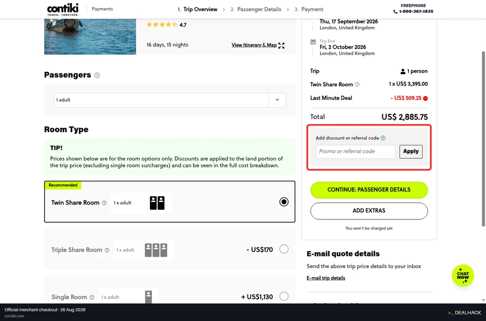 Contiki checkout page showing the Promo or referral code field and Apply button