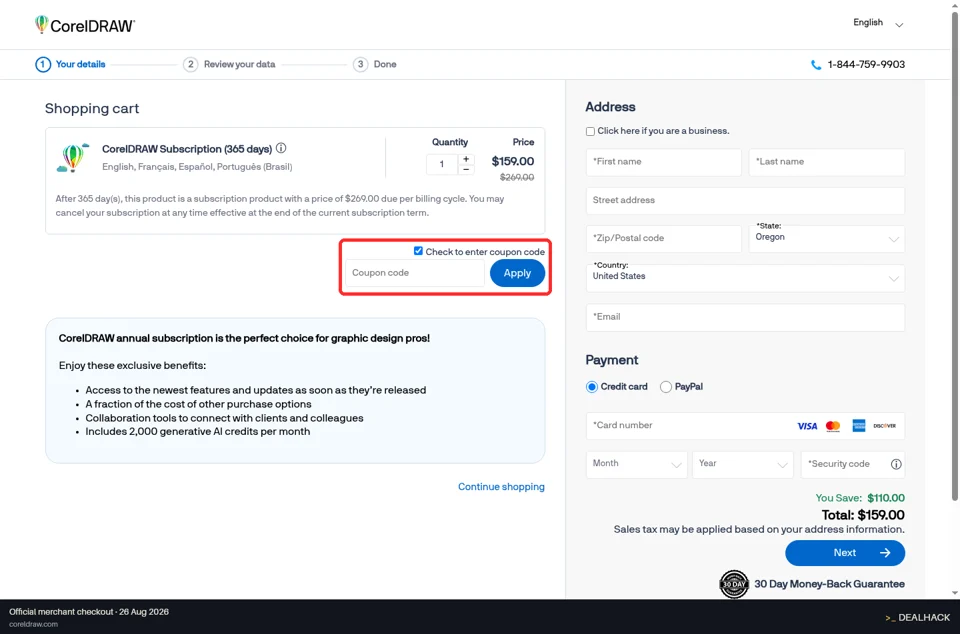 CorelDRAW checkout page showing the Coupon code field and Apply button