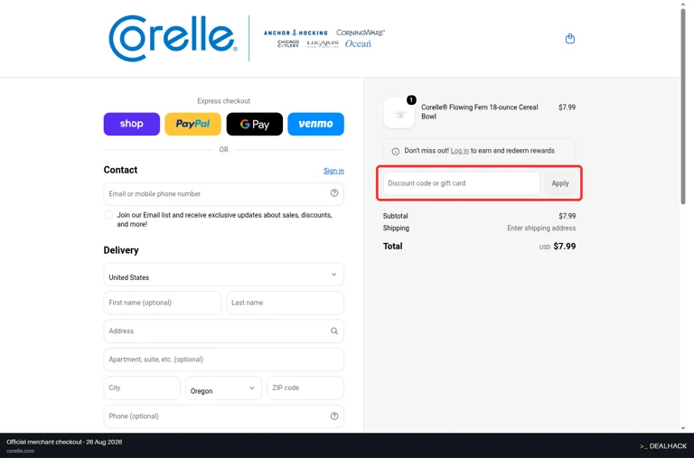 Corelle checkout page showing the Discount code or gift card field and Apply button
