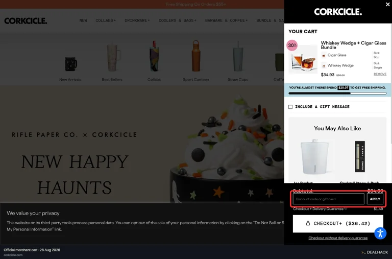 Corkcicle checkout page showing the Discount code or gift card field and APPLY button