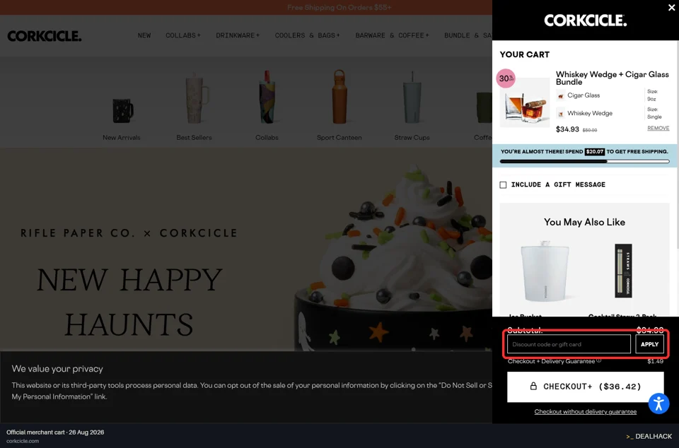 Corkcicle checkout page showing the Discount code or gift card field and APPLY button