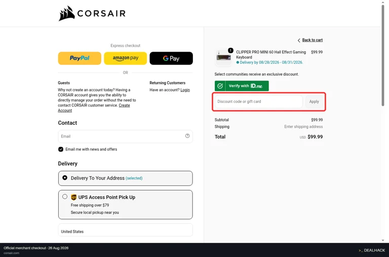 CORSAIR checkout page showing the Discount code or gift card field and Apply button