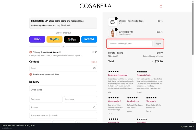 Cosabella checkout page showing the Discount code or gift card field and Apply button