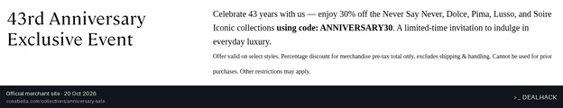 Screenshot of Cosabella's website on Oct 20, 2026 showing the "Save 30% on Select Cosabella Collections" offer