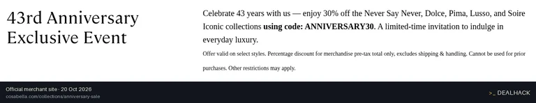 Screenshot of Cosabella's website on Oct 20, 2026 showing the "Save 30% on Select Cosabella Collections" offer