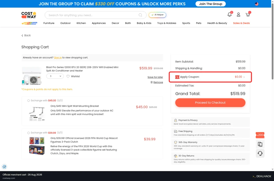 Costway checkout page showing the Enter discount code field and Apply button