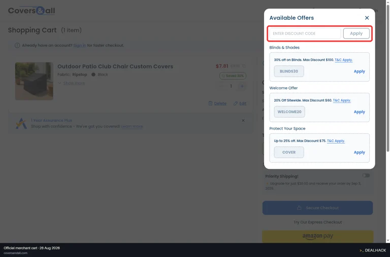 Covers & All checkout page showing the Enter Discount Code field and Apply button