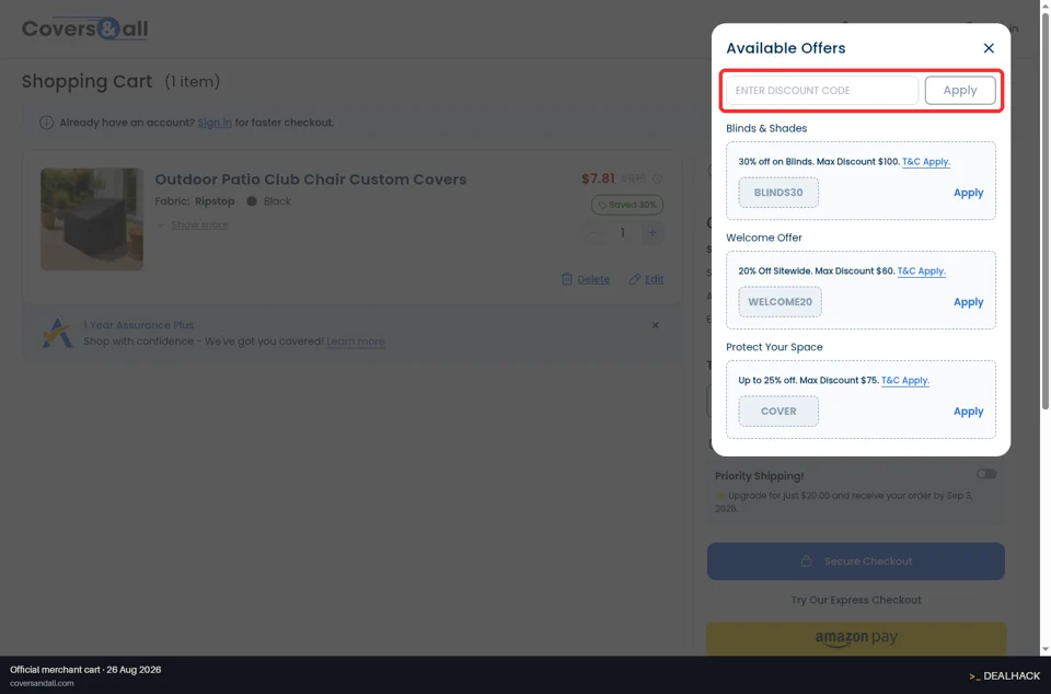 Covers & All checkout page showing the Enter Discount Code field and Apply button